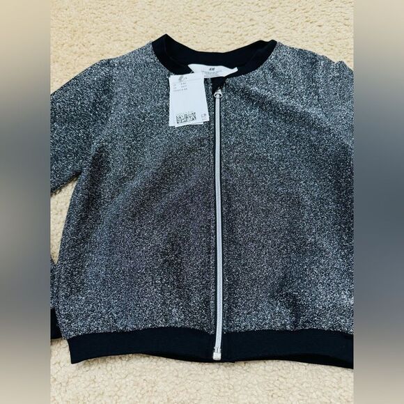 NWT H&M Silver Black Glittery Zippered Cardigan/Bomber Jacked Girl’s Sz 6X/7 - Picture 2 of 5